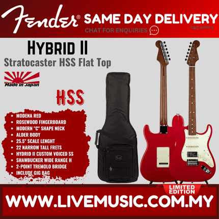 Fender Japan Limited Edition Hybrid II Stratocaster HSS Flat Top Electric Guitar, Modena Red
