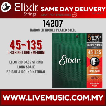 Elixir 14207 Nanoweb Light/Med Long Scale 5-String Electric Bass Strings (45-135)