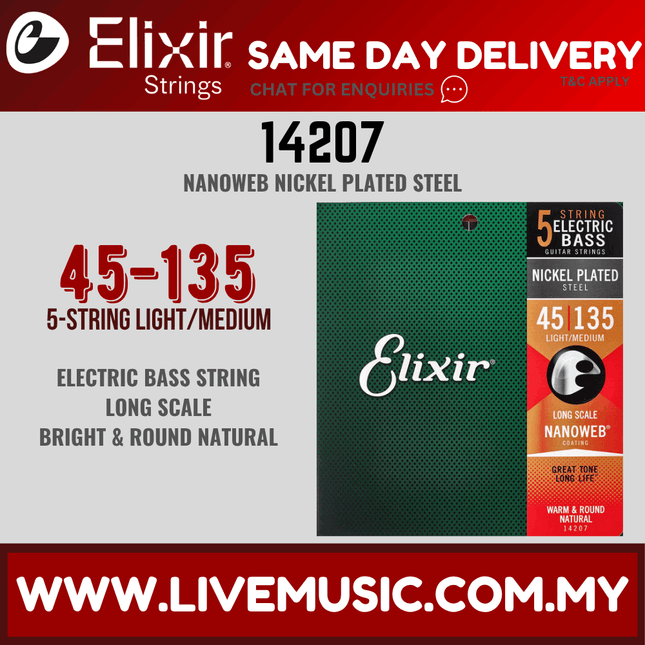 Elixir 14207 Nanoweb Light/Med Long Scale 5-String Electric Bass Strings (45-135)