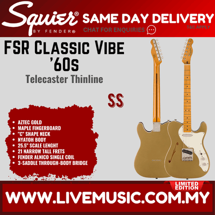 Squier FSR Classic Vibe 60s Telecaster Thinline Electric Guitar, Maple FB, Aztec Gold