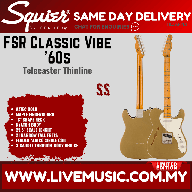 Squier FSR Classic Vibe 60s Telecaster Thinline Electric Guitar, Maple FB, Aztec Gold