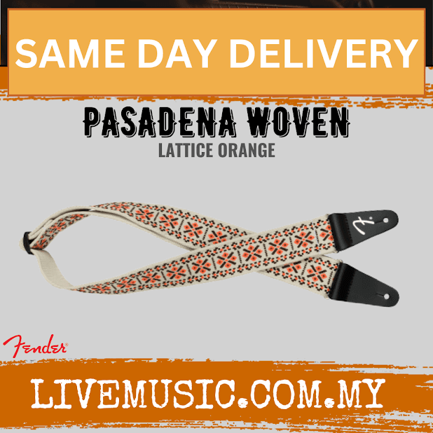 Fender Pasadena woven guitar strap with orange lattice pattern and black ends