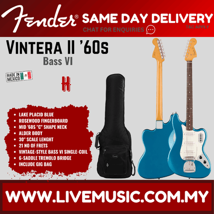 Fender Vintera II 60s Bass VI Electric Guitar, RW FB, Lake Placid Blue / Fiesta Red