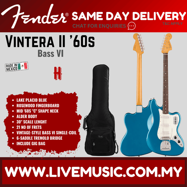 Lake Placid Blue Bass VI electric guitar with white pickguard and black gig bag