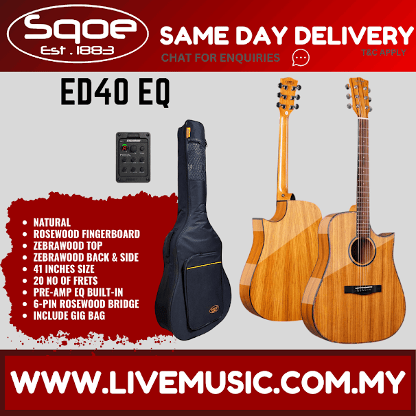 Sqoe ED40 EQ 40" Folk Acoustic Electric Guitar w/Gig Bag, Rosewood Fingerboard - Natural ( ED40EQ / ED-40 EQ )