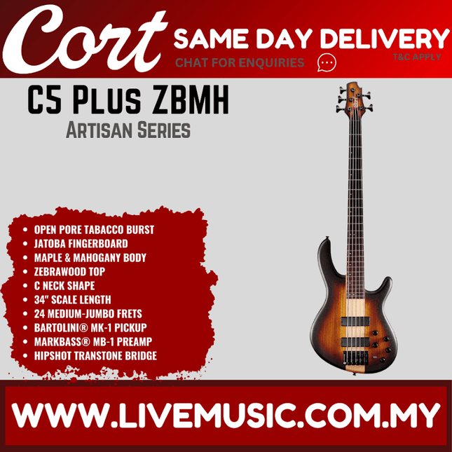 Cort C5 Plus ZBMH Electric Bass Guitar Rosewood Fretboard with Bag - Open Pore Tabacco Burst