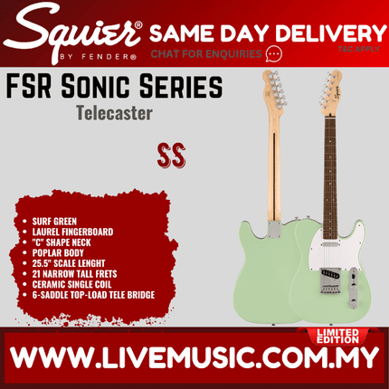 Squier FSR Sonic Telecaster Electric Guitar w/White Pickguard, Laurel FB, Surf Green