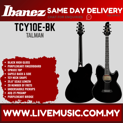Ibanez TCY10E Talman Series Acoustic-Electric Guitar, Purpleheart Fretboard - (TCY-10E / TCY 10E )-Black High Gloss