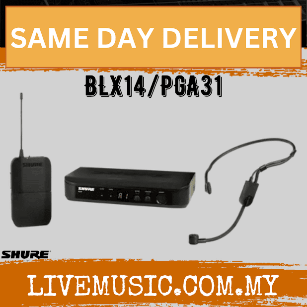 Shure BLX14/PGA31 Headworn Wireless System, BLX4 Receiver, BLX1 Bodypack Transmitter & PGA31 Cardioid Condenser Headworn Mic and Windscreen (BLX-14/PGA-31)