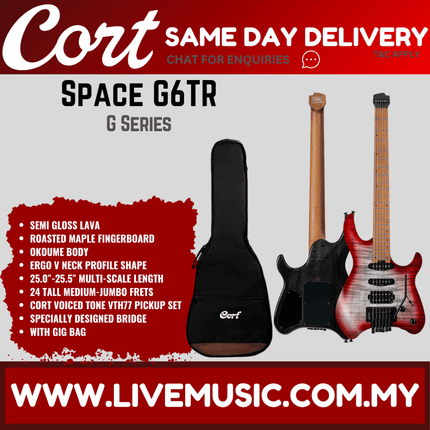 Cort Space G6TR Headless Electric Guitar w/ Gig Bag, Roasted Maple Fingerboard - Semi Gloss Lava