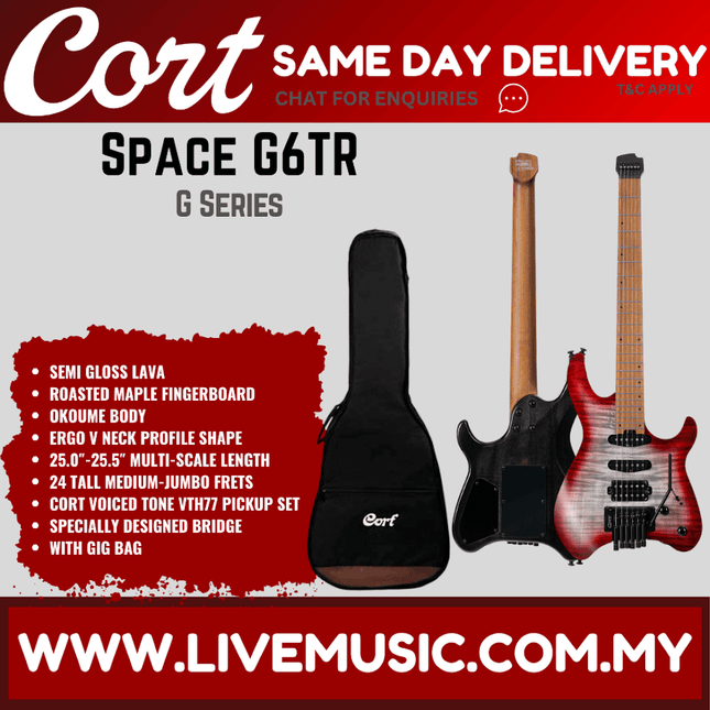 Cort Space G6TR Headless Electric Guitar w/ Gig Bag, Roasted Maple Fingerboard - Semi Gloss Lava