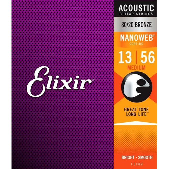 Elixir 11102 Nanoweb 80/20 Bronze Acoustic Guitar Strings (13-56)