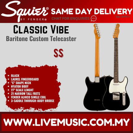 Squier Classic Vibe Baritone Custom Telecaster Electric Guitar, Black