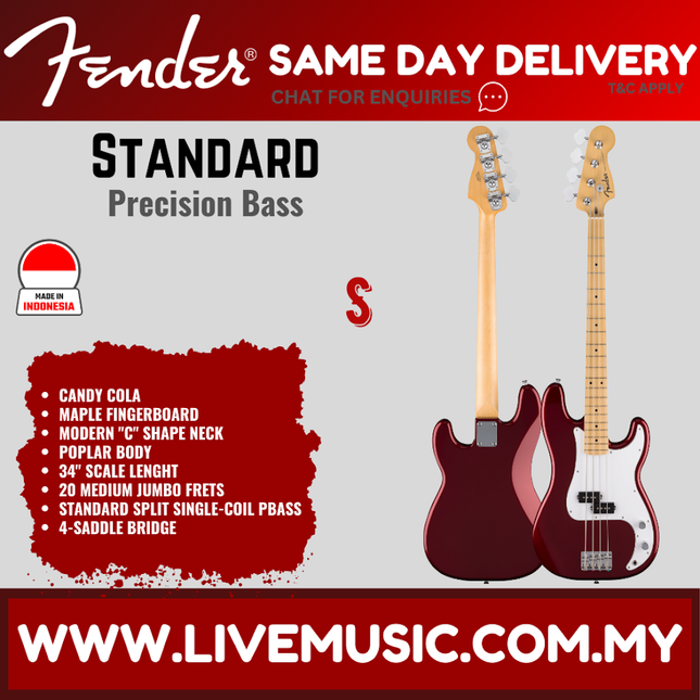 Fender Standard Precision Bass Guitar, Maple FB, Candy Cola / Olympic White