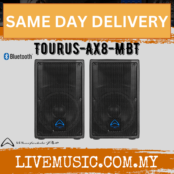 Pair of black WHARFEDALE PRO TOURUS-AX8-MBT active loudspeakers, textured grille