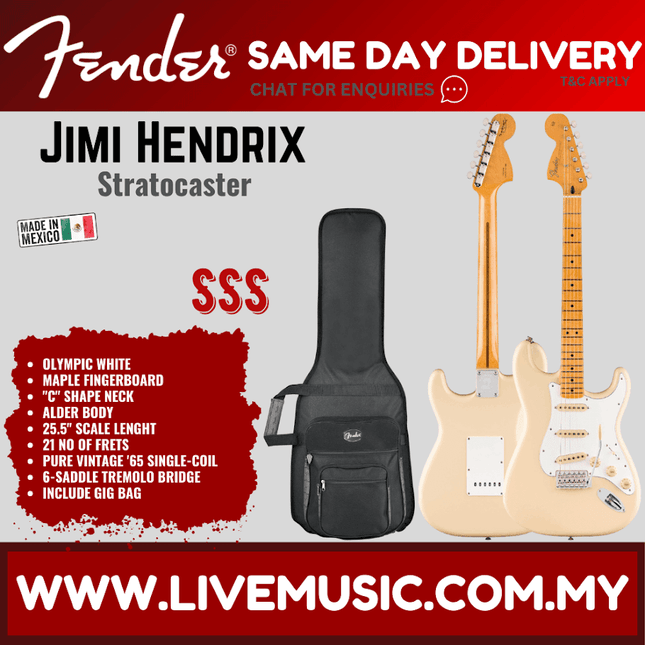 Fender Jimi Hendrix Stratocaster Electric Guitar, Maple FB, Olympic White