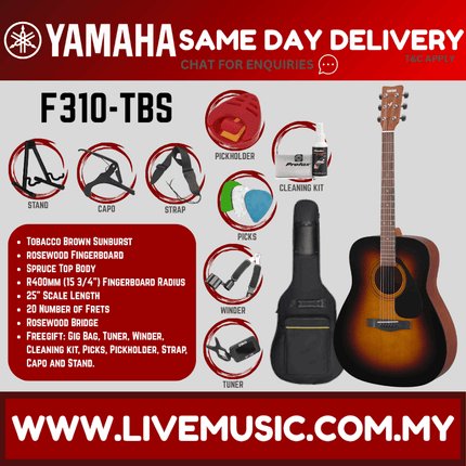 Yamaha F310 Best Budget Beginner Acoustic Guitar Package - Tobacco Brown Sunburst ( F-310/F 310 )