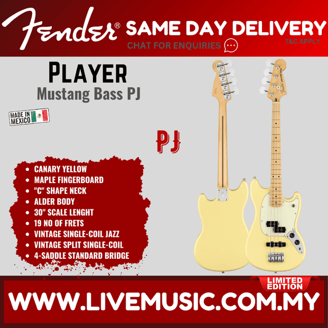 Fender Limited Edition Player Mustang Bass PJ Guitar, Maple FB, Canary Yellow