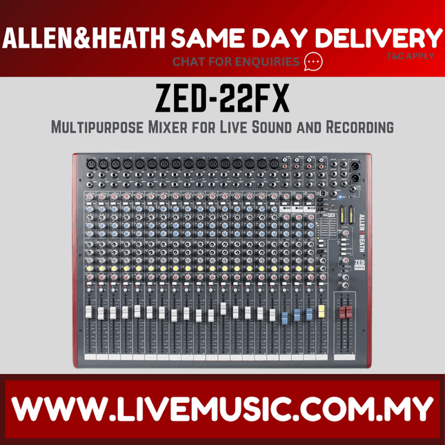 Allen & Heath ZED-22FX audio mixer with USB and effects, front control panel