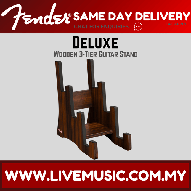 Dark wooden 3-tier guitar stand with stepped pegs, sturdy angled frame
