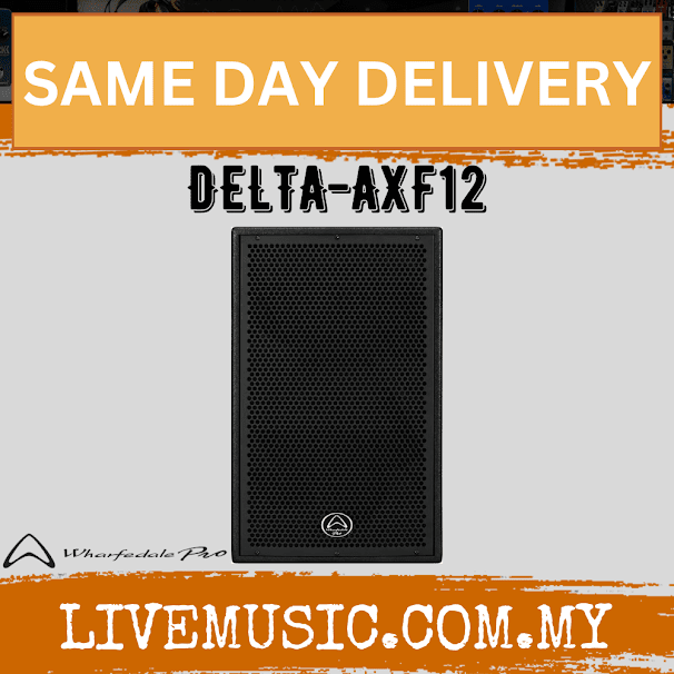 Single black active speaker cabinet with grille front and logo badge