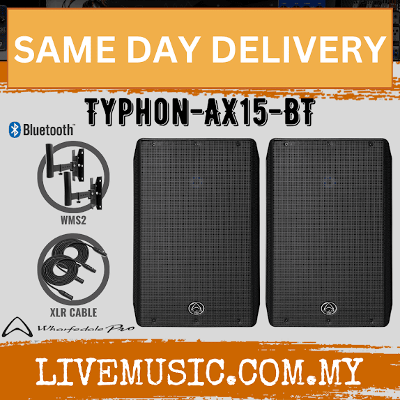 2 black WHARFEDALE Pro Typhon AX15-BT speakers with WMS2 and XLR cable icons