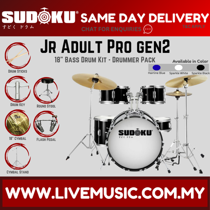 Sudoku Jr Adult PRO Gen2 Junior Acoustic Drum Set Kit with Cymbals, Single Pedal & Accessories - Blue/Black (JRADULTPRO)