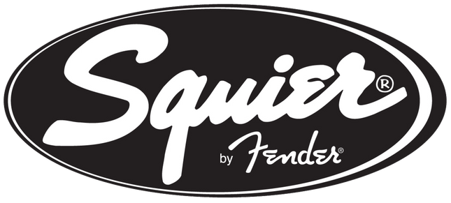 Squier by Fender logo on black oval background