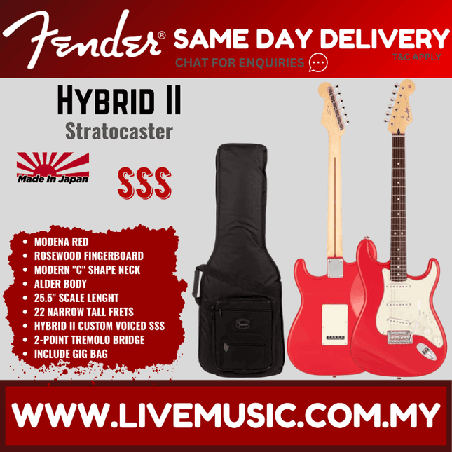 Fender Japan Hybrid II Stratocaster Electric Guitar, Rosewood Fretboard with Gig Bag - Modena Red