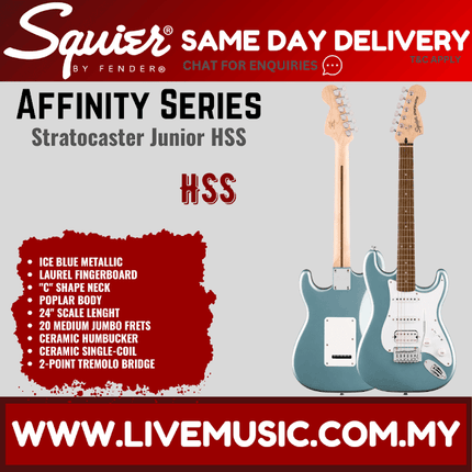 Squier Affinity Series Stratocaster Junior HSS Electric Guitar, Laurel FB, 3-Color Sunburst / Ice Blue Metallic