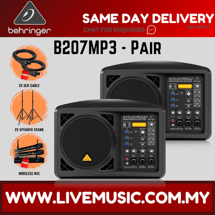 Behringer Eurolive B207MP3 150W 6.5" Personal PA/Monitor Speaker w/Wireless Mic, Speaker Stand and Cable - Pair ( B-207MP3 / B 207MP3 )