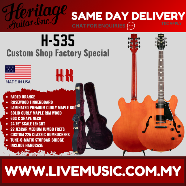 Heritage Custom Shop Factory Special H-535 with 60s Neck Electric Guitar with Case, Faded Orange ( H535 / H 535 )