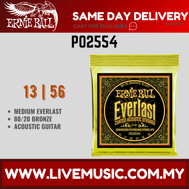 Ernie Ball 2554 Acoustic Guitar Strings Coated 80/20 Bronze Medium (13-56/EB2554)