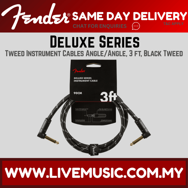 Fender Deluxe Series Angled Instrument Cable, 3ft - Black Tweed