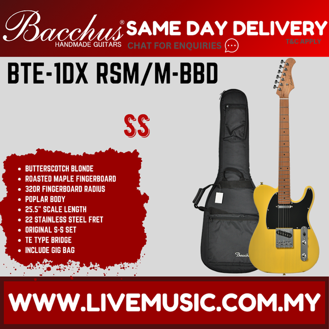 Bacchus BTE-1DX-RSM/M-BBD Universe Series Roasted Maple Electric Guitar, Butterscotch Blonde ( BTE1DXRSMM / BTE 1DX RSMM )