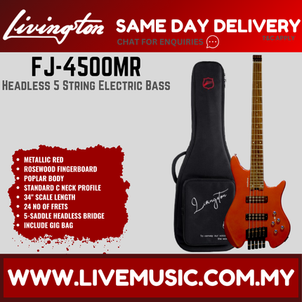 Livingston FJ-4500 5-String Headless Electric Guitar Bass, RW Fretboard - ( FJ 4500 FJ4500 )