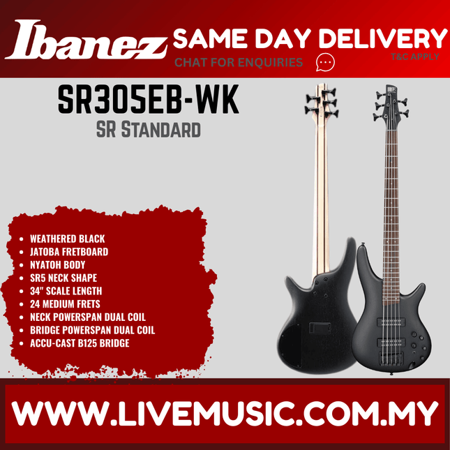 Ibanez SR305EB SR Series 5-String Electric Bass Guitar - Weathered Black (SR305EB-WK)