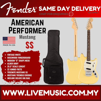Fender American Performer Mustang Electric Guitar, Rosewood Fretboard with Bag - Vintage White