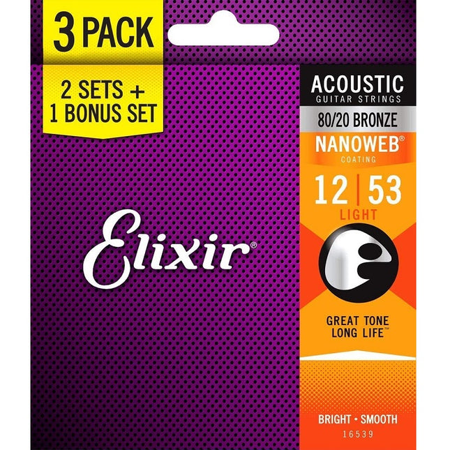 Elixir 16539 Nanoweb Coated 80/20 Bronze Acoustic Guitar String - 3 Pack (12-53)