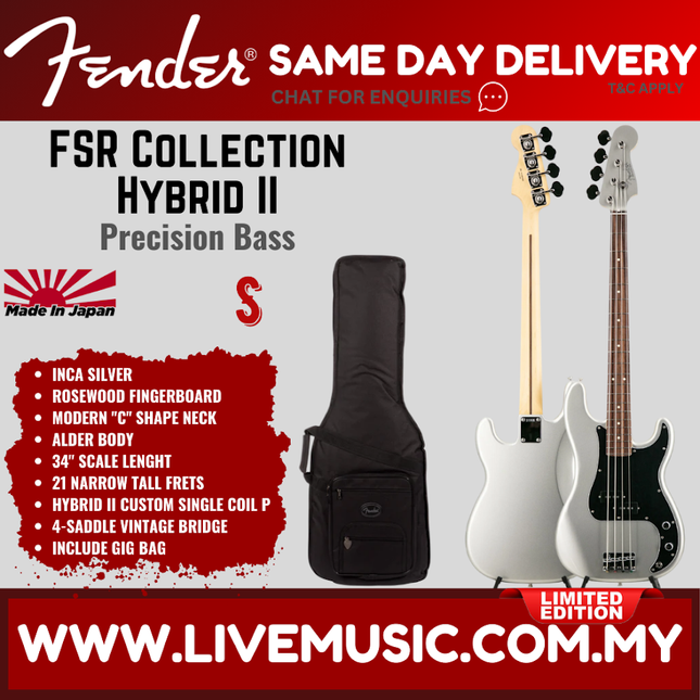 Fender FSR Collection Hybrid II Precision Bass Guitar, RW FB, Inca Silver