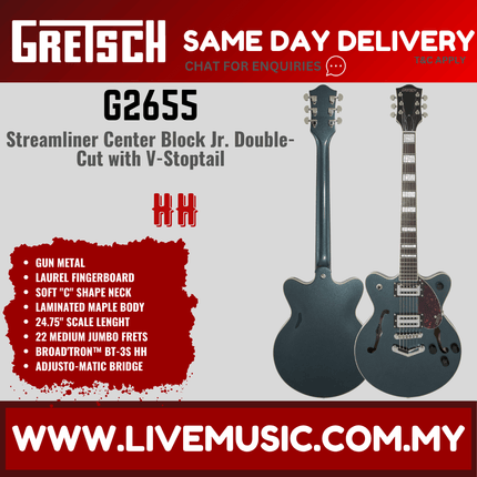 Gretsch G2655 Streamliner Centre Block Jr Double-Cut Guitar w/V-Stoptail, Gun Metal