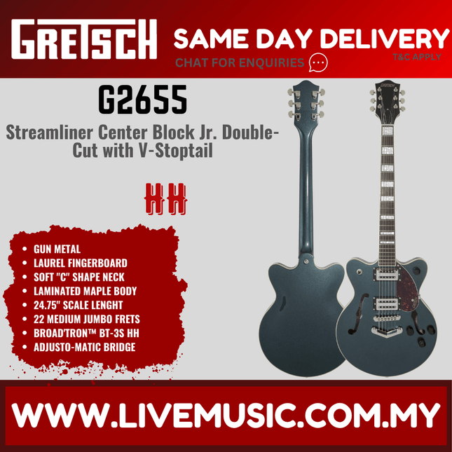Gretsch G2655 Streamliner Centre Block Jr Double-Cut Guitar w/V-Stoptail, Gun Metal