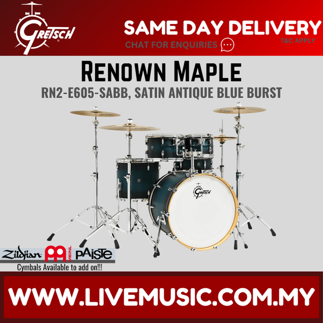 Gretsch RN2-E605-SABB Renown Maple 5-Piece Drum Shell Kit Set (20inch Bass), Satin Antique Blue Burst