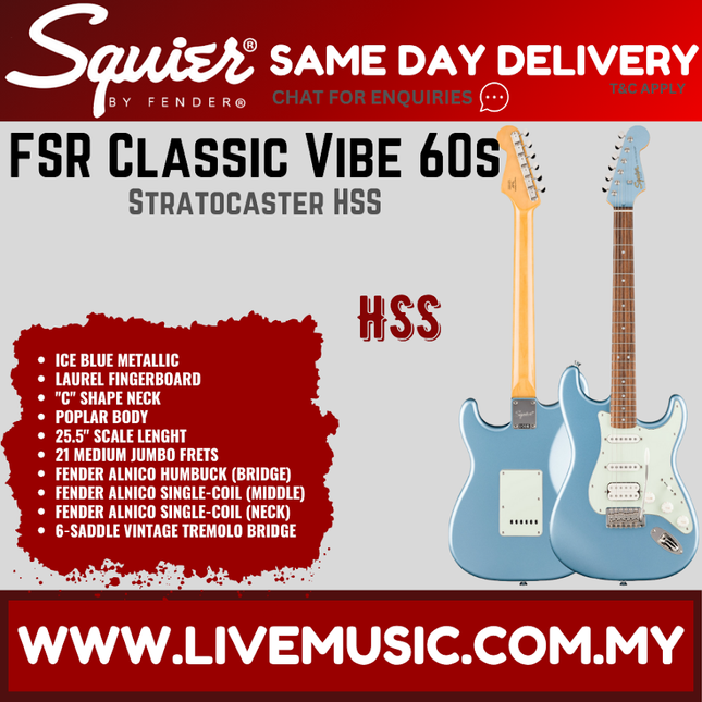 Squier FSR Classic Vibe 60s Stratocaster HSS Electric Guitar, Laurel FB, Ice Blue Metallic