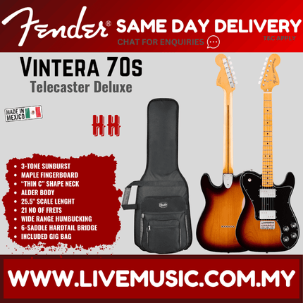 Fender Vintera 70s Telecaster Deluxe Electric Guitar, Maple Fretboard with Gig Bag - 3-Tone Sunburst