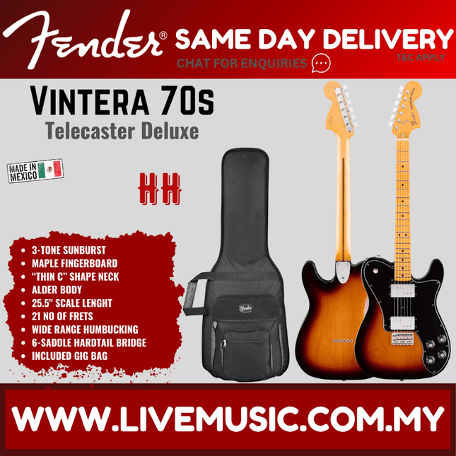 Fender Vintera 70s Telecaster Deluxe Electric Guitar, Maple Fretboard with Gig Bag - 3-Tone Sunburst