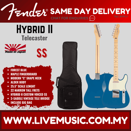 Fender Japan Hybrid II Telecaster Electric Guitar, Maple Fretboard with Gig Bag - Forest Blue