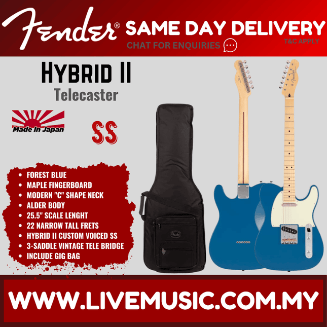 Fender Japan Hybrid II Telecaster Electric Guitar, Maple Fretboard with Gig Bag - Forest Blue