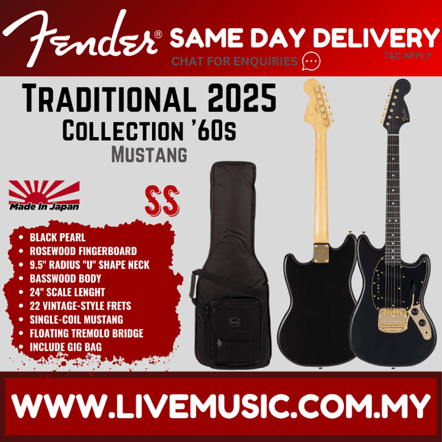Fender Japan Traditional 2025 Collection 60s Mustang Electric Guitar, RW FB, Black Pearl
