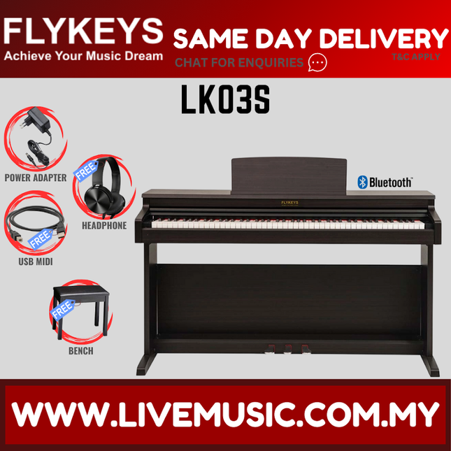 FLYKEYS LK03S 88-Key Digital Piano Home Electric Piano Keyboard with Bench & Accessories - Rosewood / White (LK-03S / LK 03S)